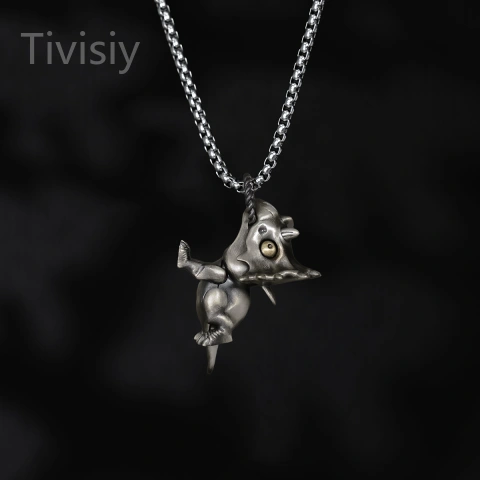 S925 Silver Artistic Triceratops Dino Retro Pendant with Moveable Limbs and Biteable Mouth